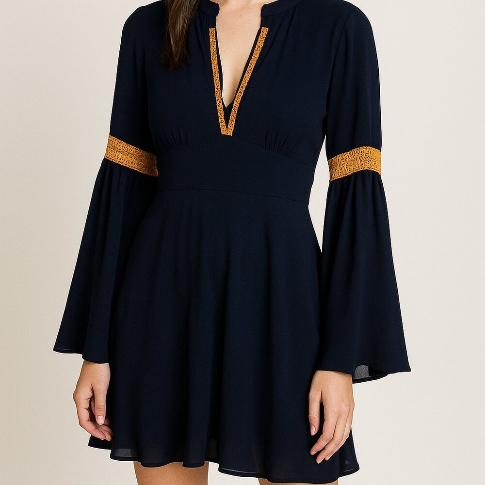 Miin Navy Blue Dress Size S with Orange Lace and Flare Sleeves Mini Boho